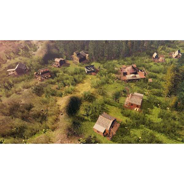 Wild West Legacy Ultimate Edition game scene with rustic cabins and lush greenery.