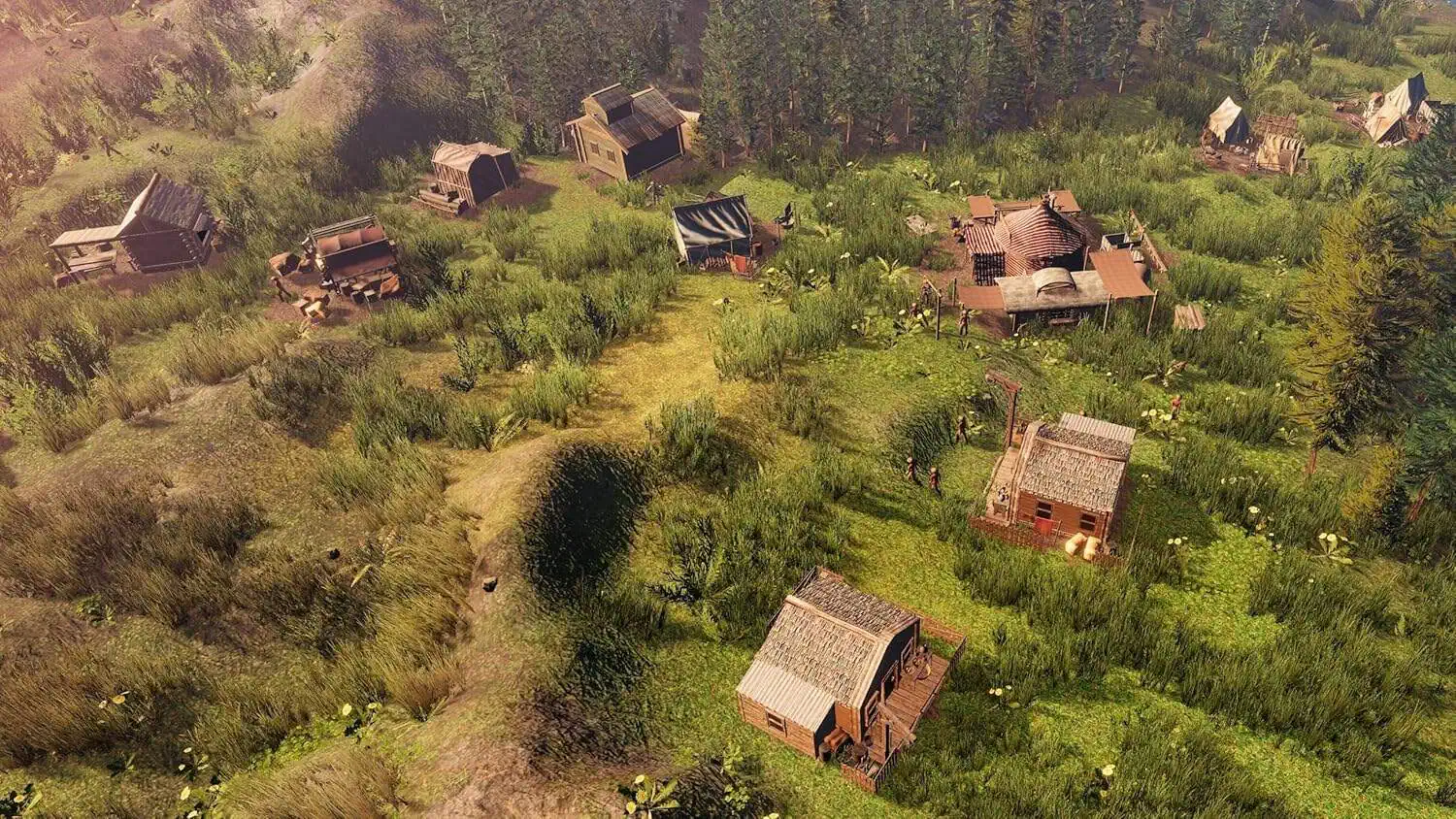 Wild West Legacy Ultimate Edition game scene with rustic cabins and lush greenery.