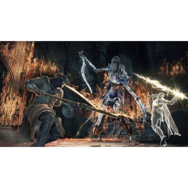 Epic fantasy battle with armored warriors and mystical creatures in a fiery cathedral setting.