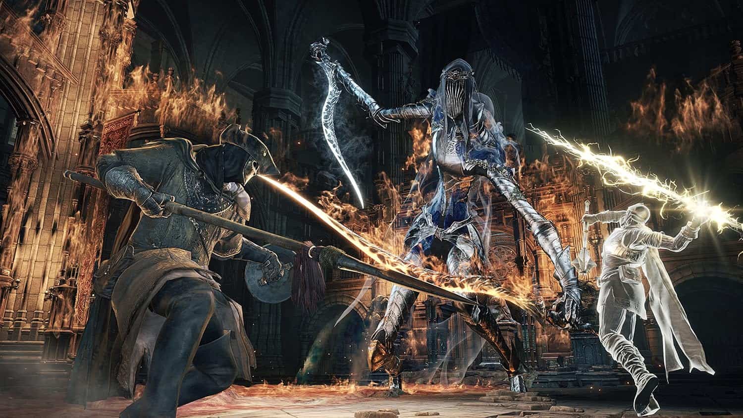 Epic fantasy battle with armored warriors and mystical creatures in a fiery cathedral setting.