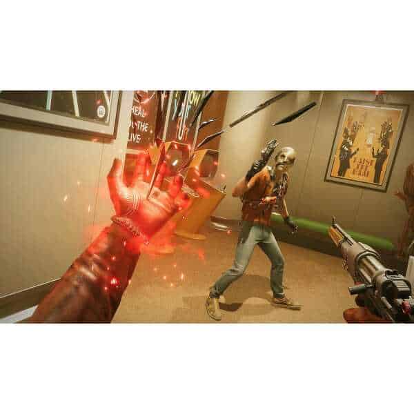 Player aiming a gun at a zombie in an arcade shooting game.