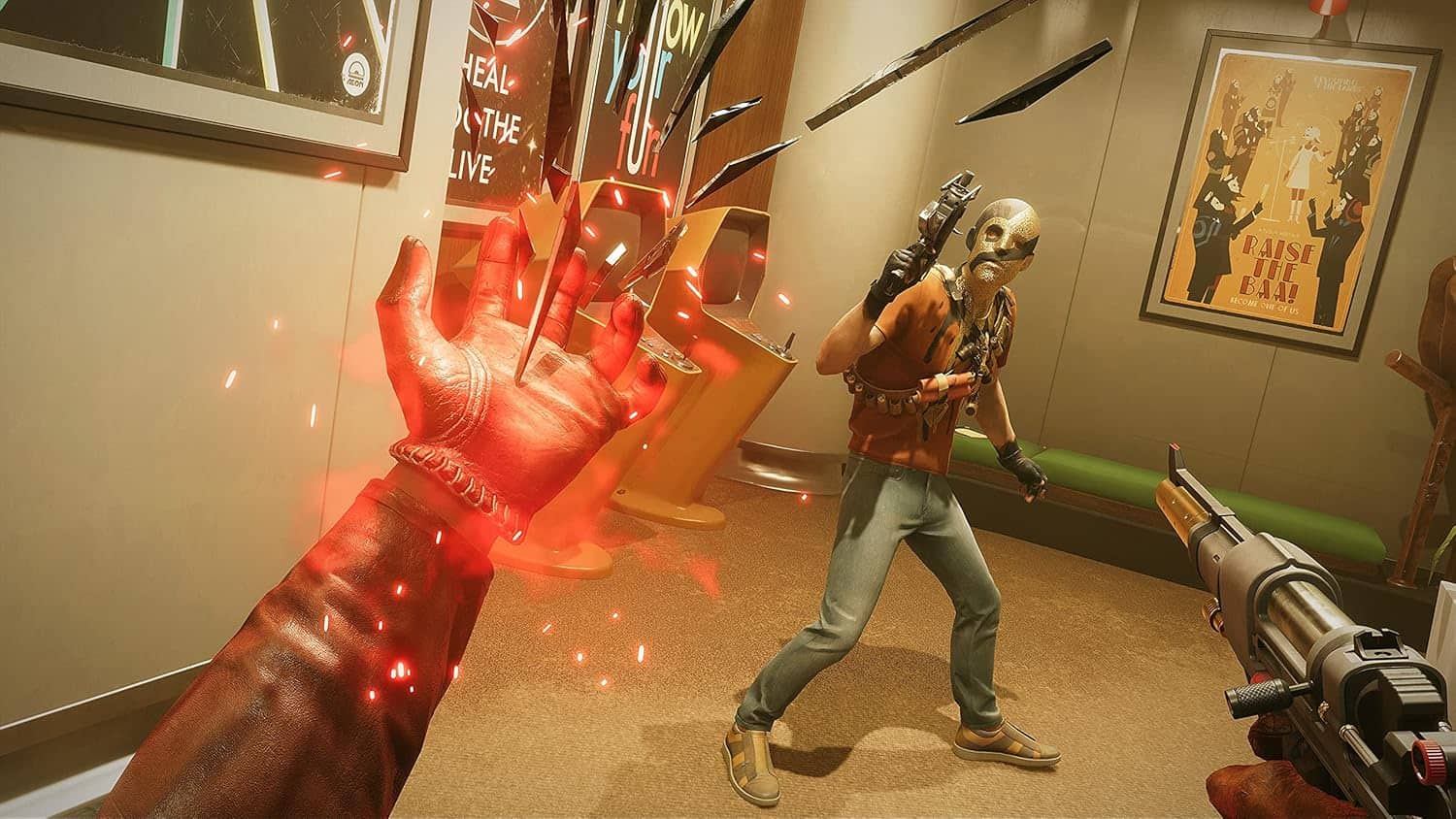 Player aiming a gun at a zombie in an arcade shooting game.