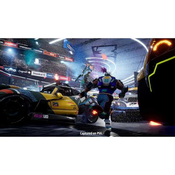 Intense racing scene with cars and drivers in a wet, illuminated indoor stadium.