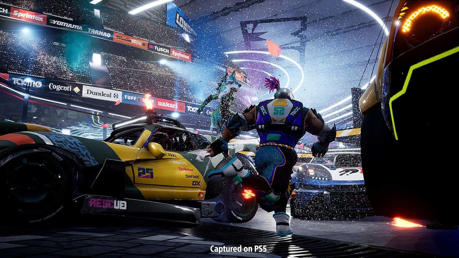 Intense racing scene with cars and drivers in a wet, illuminated indoor stadium.