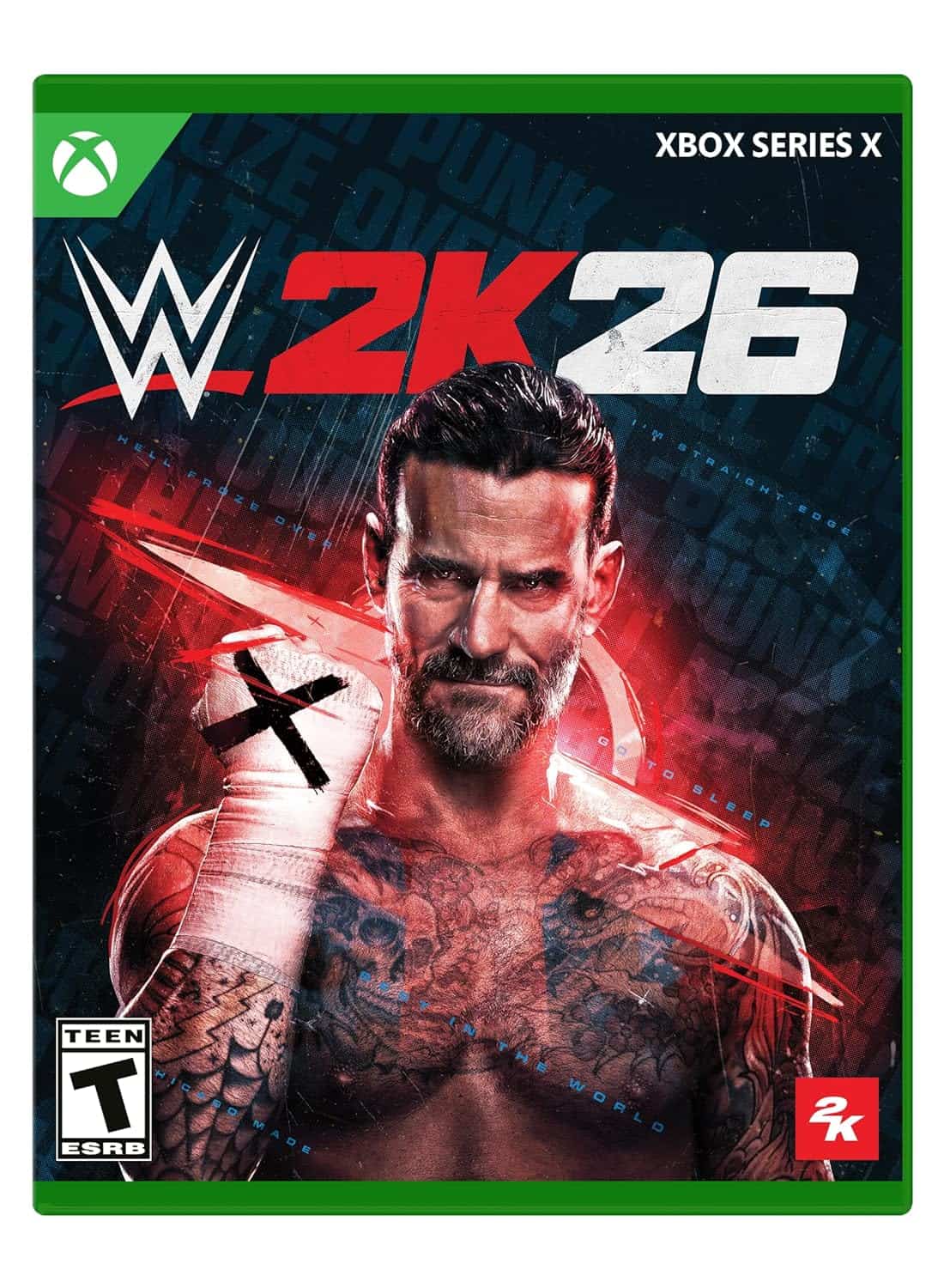 WWE 2K26 video game cover featuring a muscular wrestler with tattoos and a fierce expression.