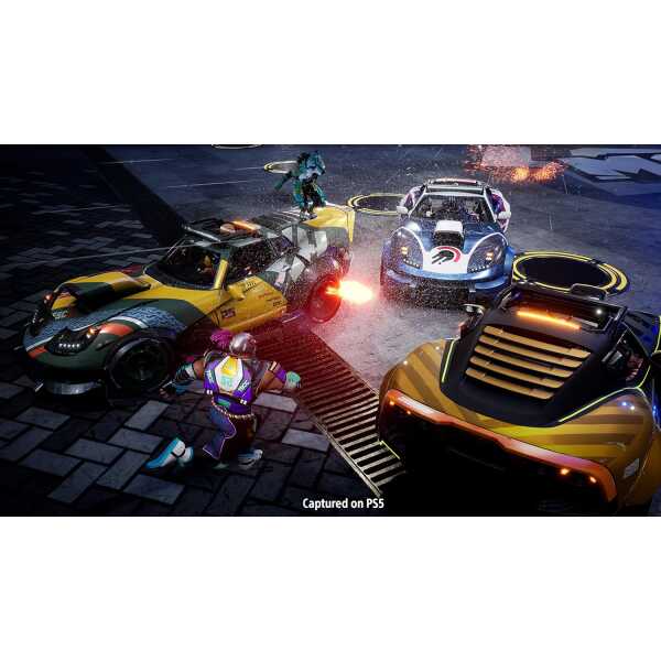 Action-packed car battle scene from Gameware on PS5 with explosions and racing cars.