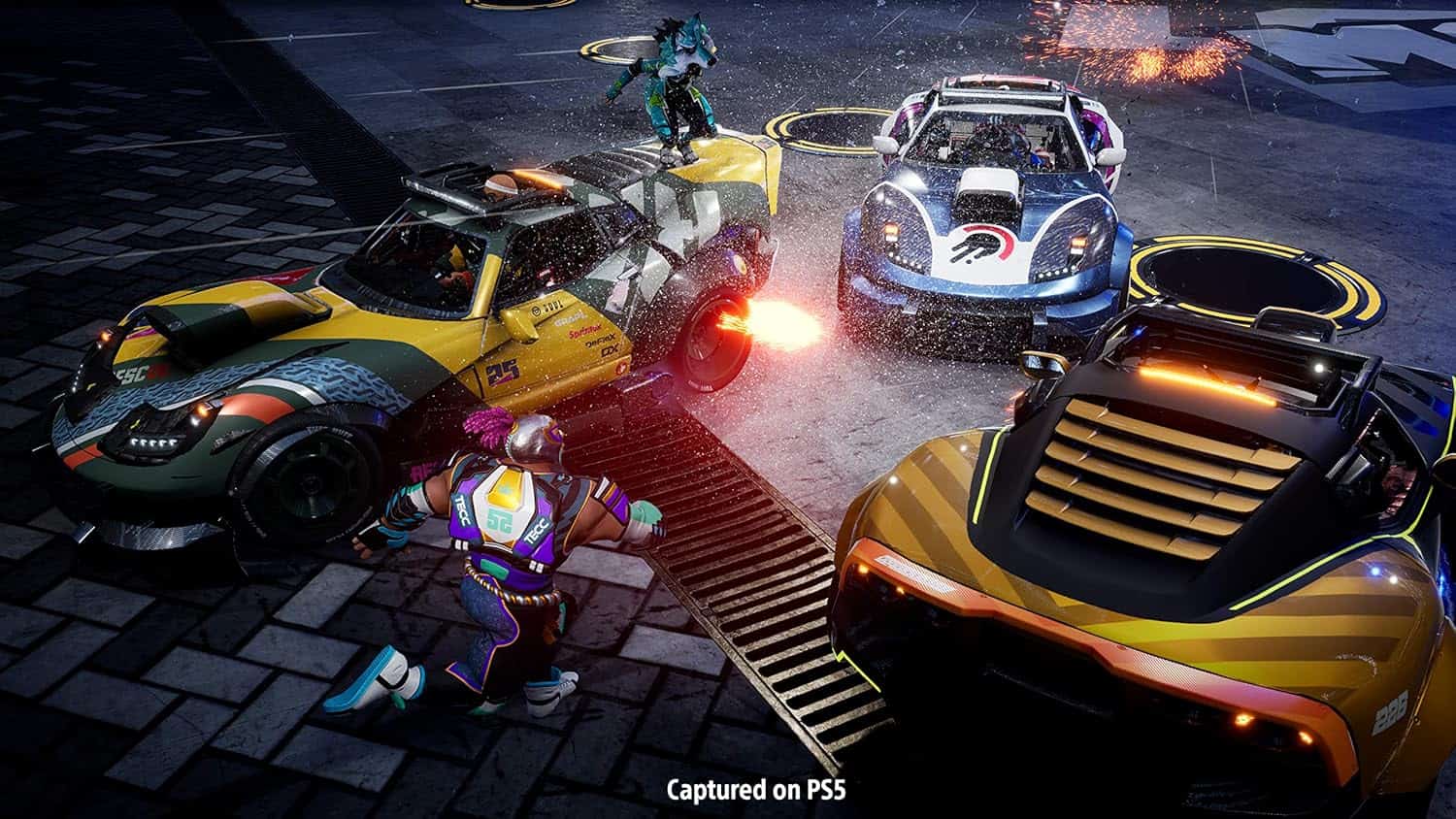 Action-packed car battle scene from Gameware on PS5 with explosions and racing cars.