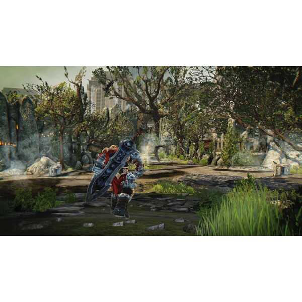 Dark warrior wielding a large sword in a ruined cityscape from Darksiders Warmastered.