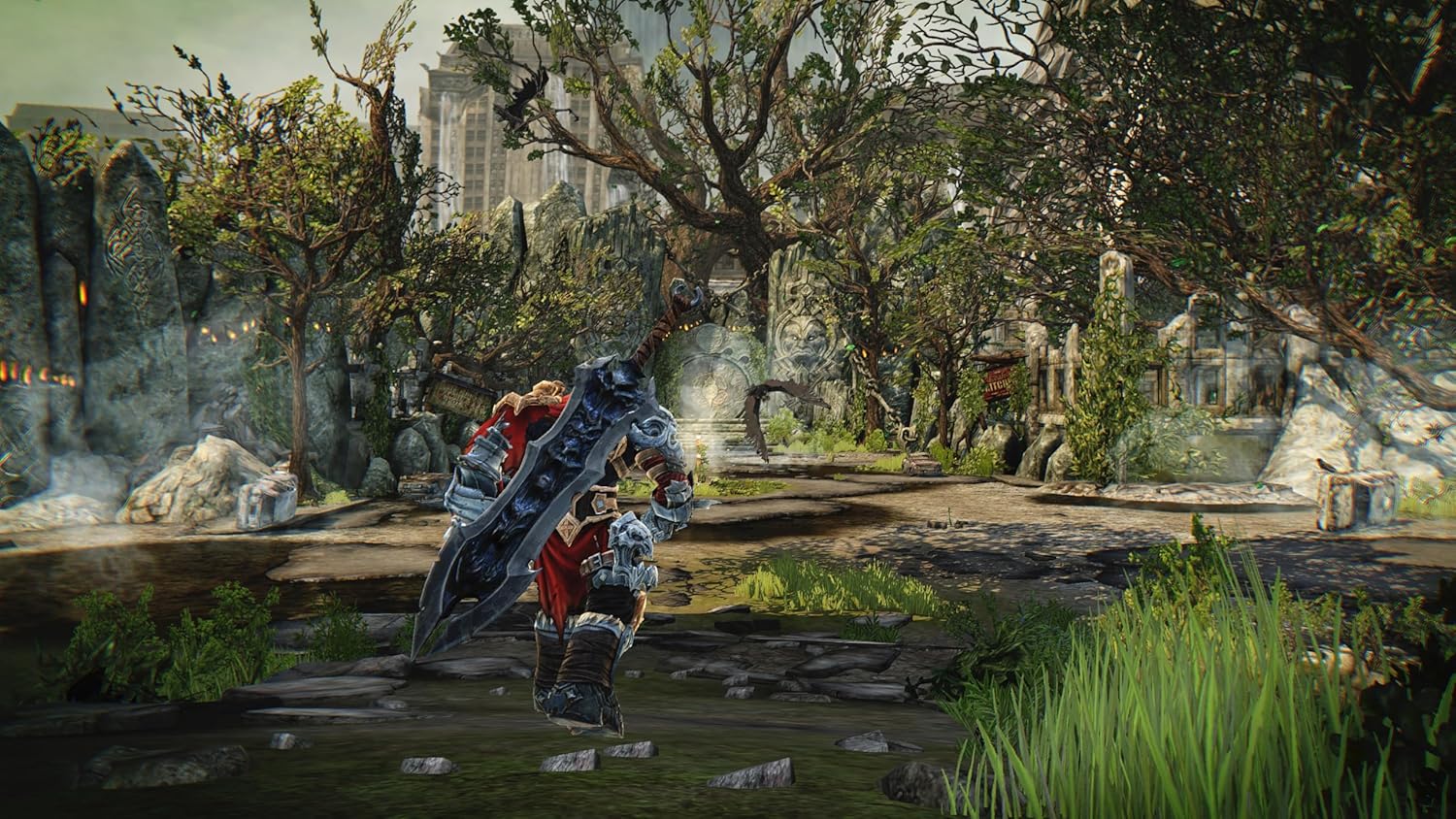 Dark warrior wielding a large sword in a ruined cityscape from Darksiders Warmastered.