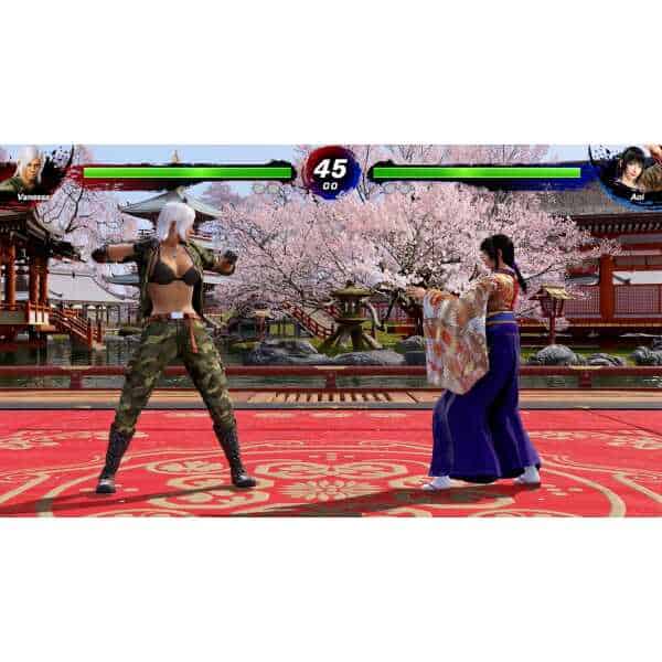 Virtua Fighter 5 R.E.V.O. World Stage gameplay with two fighters in a traditional Japanese setting.