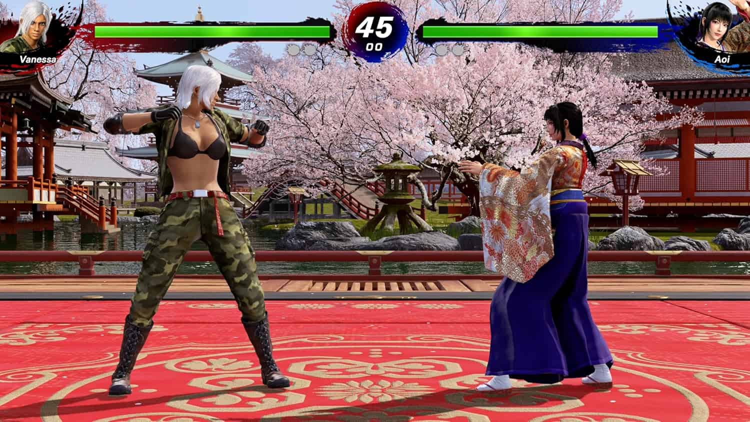 Virtua Fighter 5 R.E.V.O. World Stage gameplay with two fighters in a traditional Japanese setting.