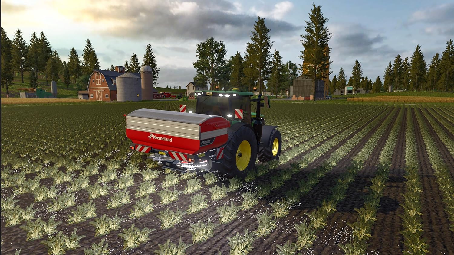 A tractor working in a lush green farm field in Farming Simulator 26.
