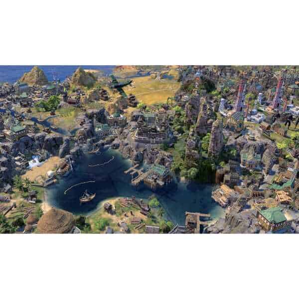 Civilization VII game scene with city, mountains, and water features.