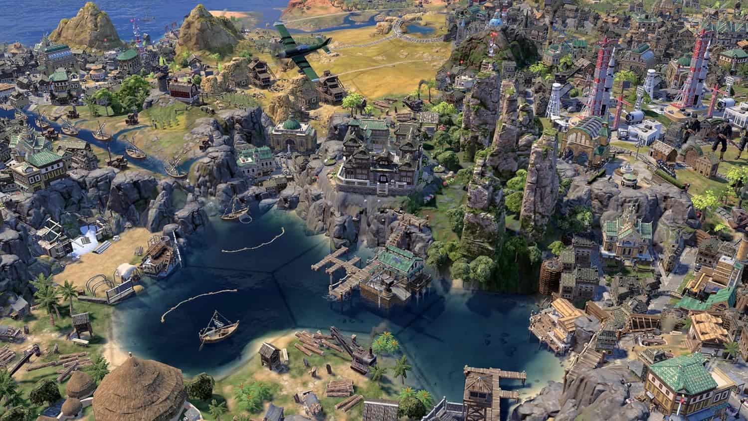 Civilization VII game scene with city, mountains, and water features.