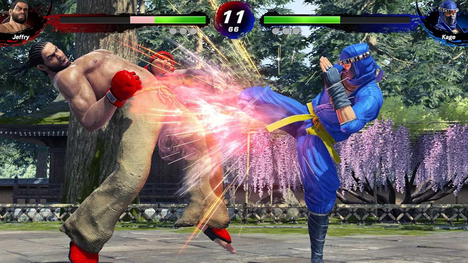 Intense martial arts battle from Virtua Fighter 5 R.E.V.O. game.