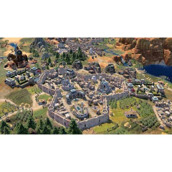 Ancient city surrounded by walls in Civilization VII game, showcasing detailed architecture and stra.