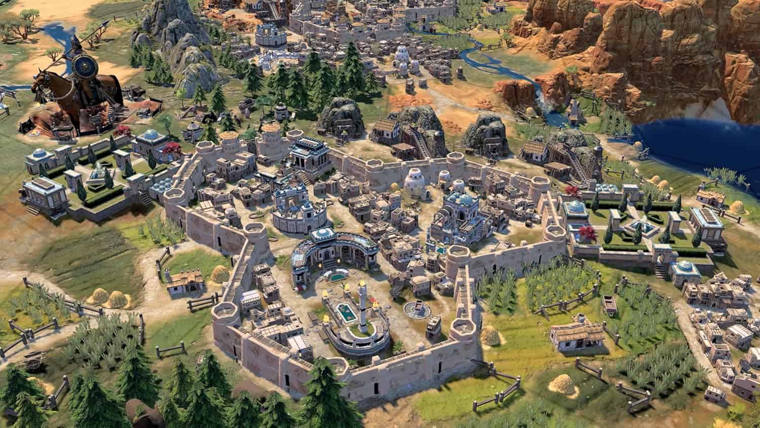 Ancient city surrounded by walls in Civilization VII game, showcasing detailed architecture and stra.