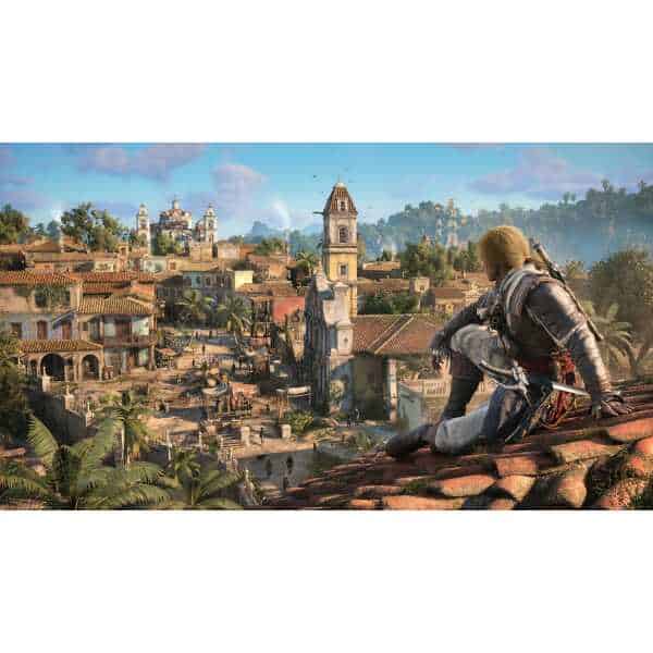 Video game character sitting on rooftop overlooking a vibrant, detailed cityscape with historical ar.