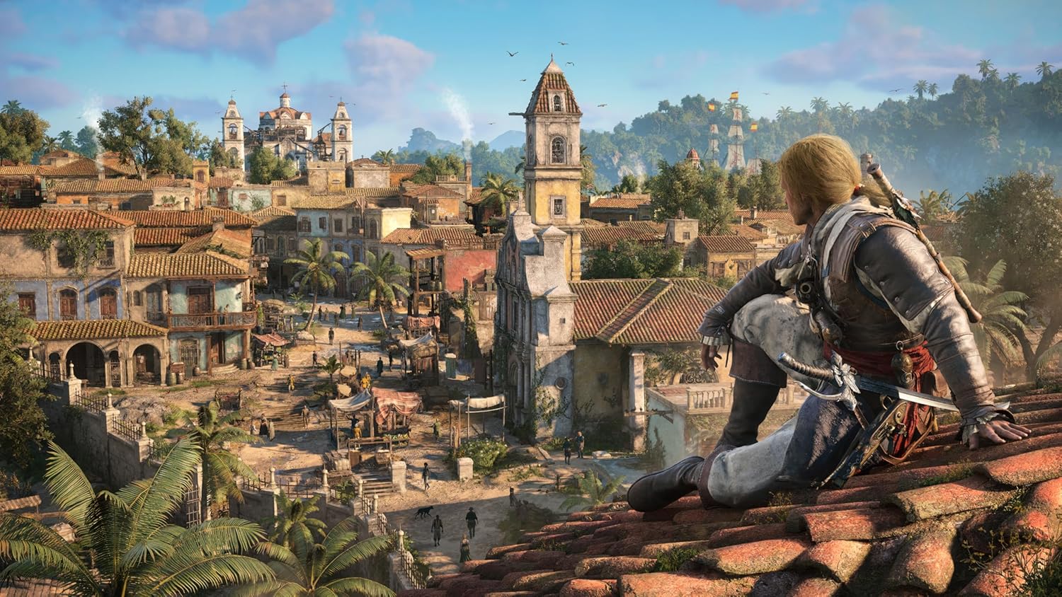 Video game character sitting on rooftop overlooking a vibrant, detailed cityscape with historical ar.