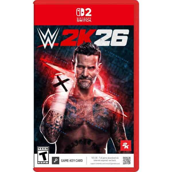 WWE 2K26 video game cover featuring a wrestler with tattoos and a fierce expression.