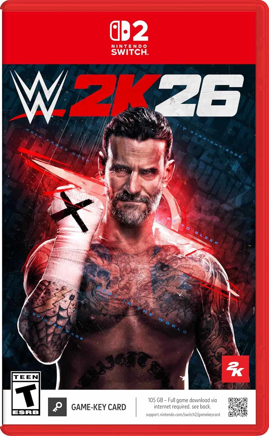 WWE 2K26 video game cover featuring a wrestler with tattoos and a fierce expression.