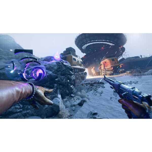 Arctic Warfare first-person shooter scene with military vehicles and futuristic structures.