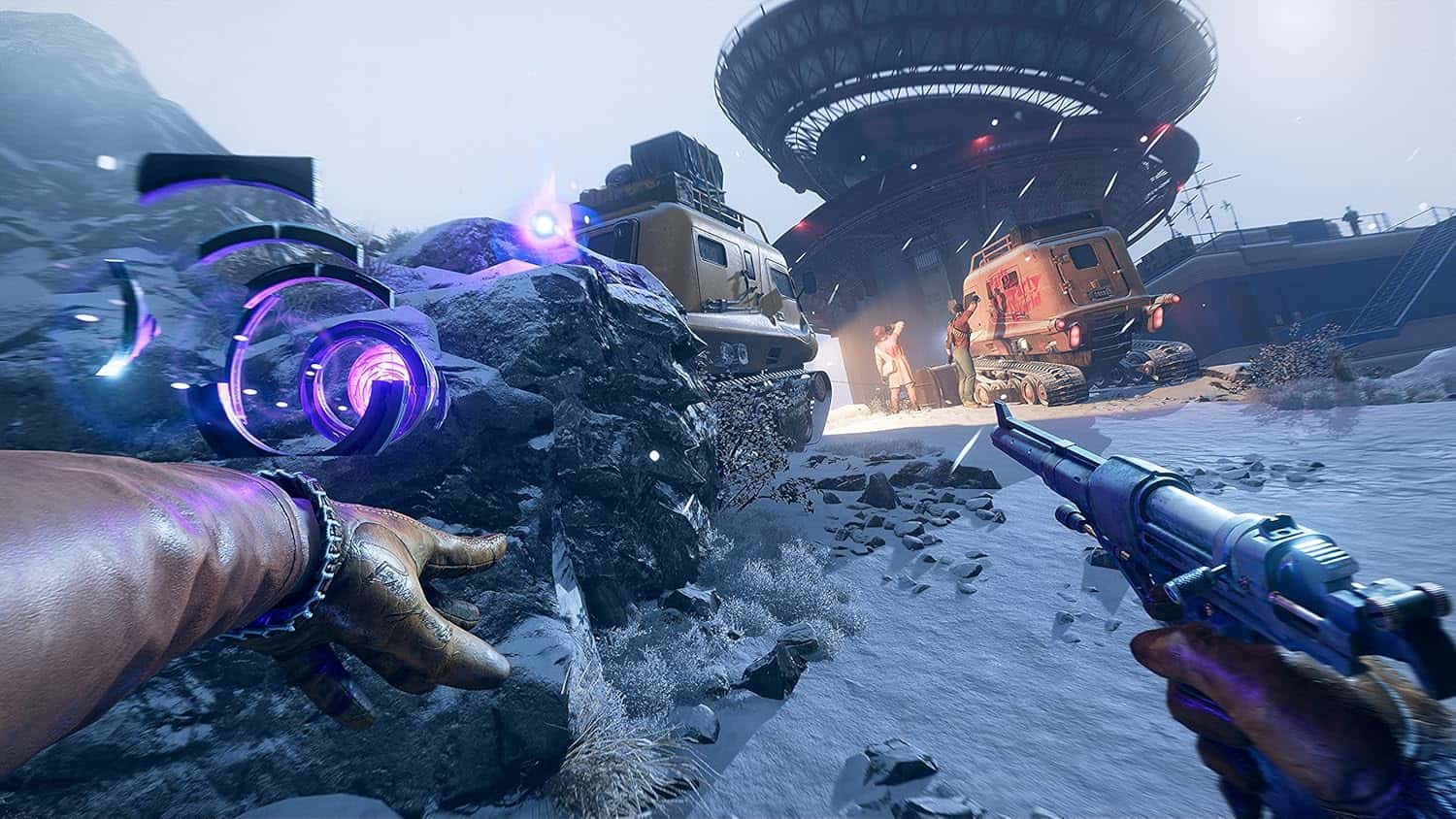 Arctic Warfare first-person shooter scene with military vehicles and futuristic structures.