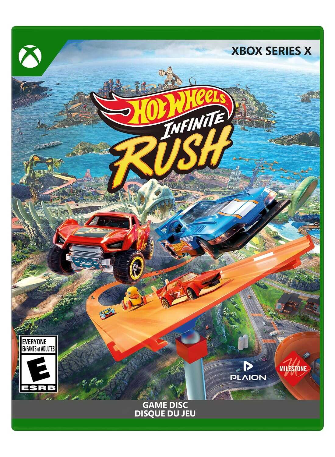 Hot Wheels Infinite Rush game cover featuring racing cars and tracks for Xbox Series X. Hot Wheels Infinite Rush racing game with cars and tracks on Xbox Series X.