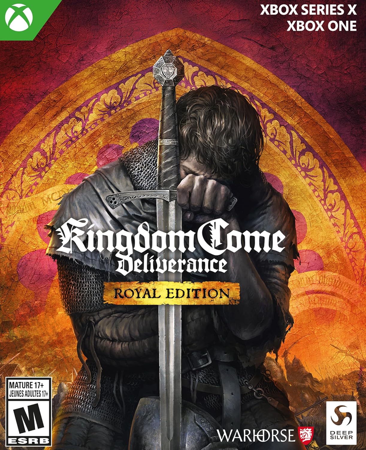 Kingdom Come Deliverance Royal Edition game cover with medieval knight and sword.