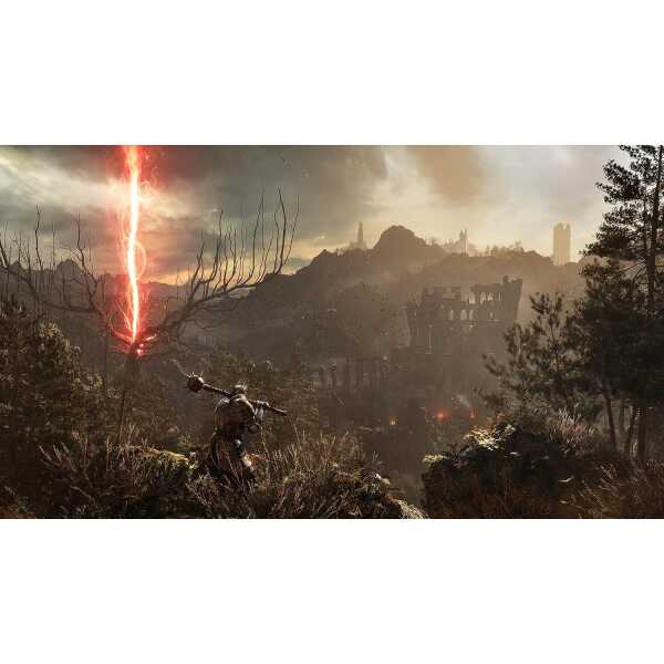 Epic fantasy battle scene with lightning, warrior, and castle in the background.