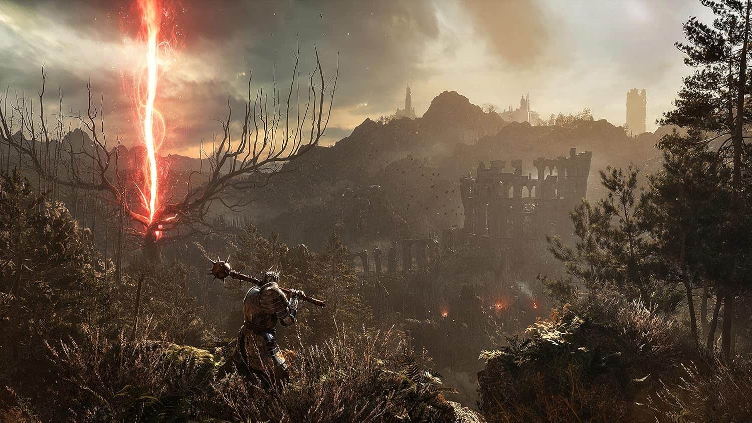 Epic fantasy battle scene with lightning, warrior, and castle in the background.