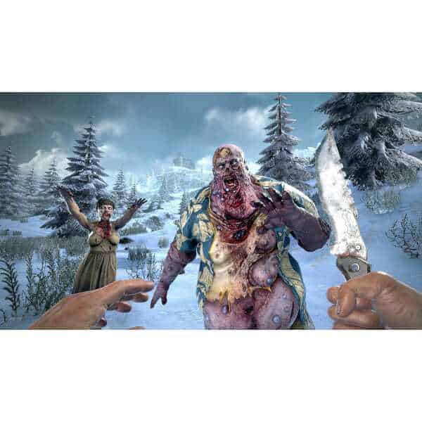 Winter zombie attacking in snowy forest with survivor and weapon.