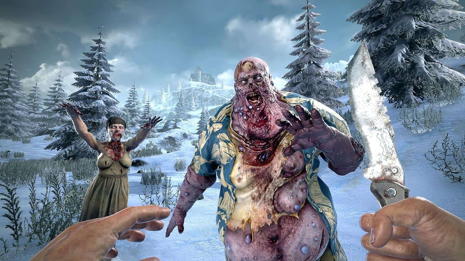 Winter zombie attacking in snowy forest with survivor and weapon.