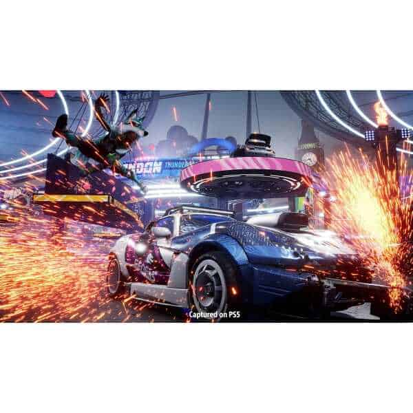 High-speed racing game on PS5 with dynamic action and sparks flying.