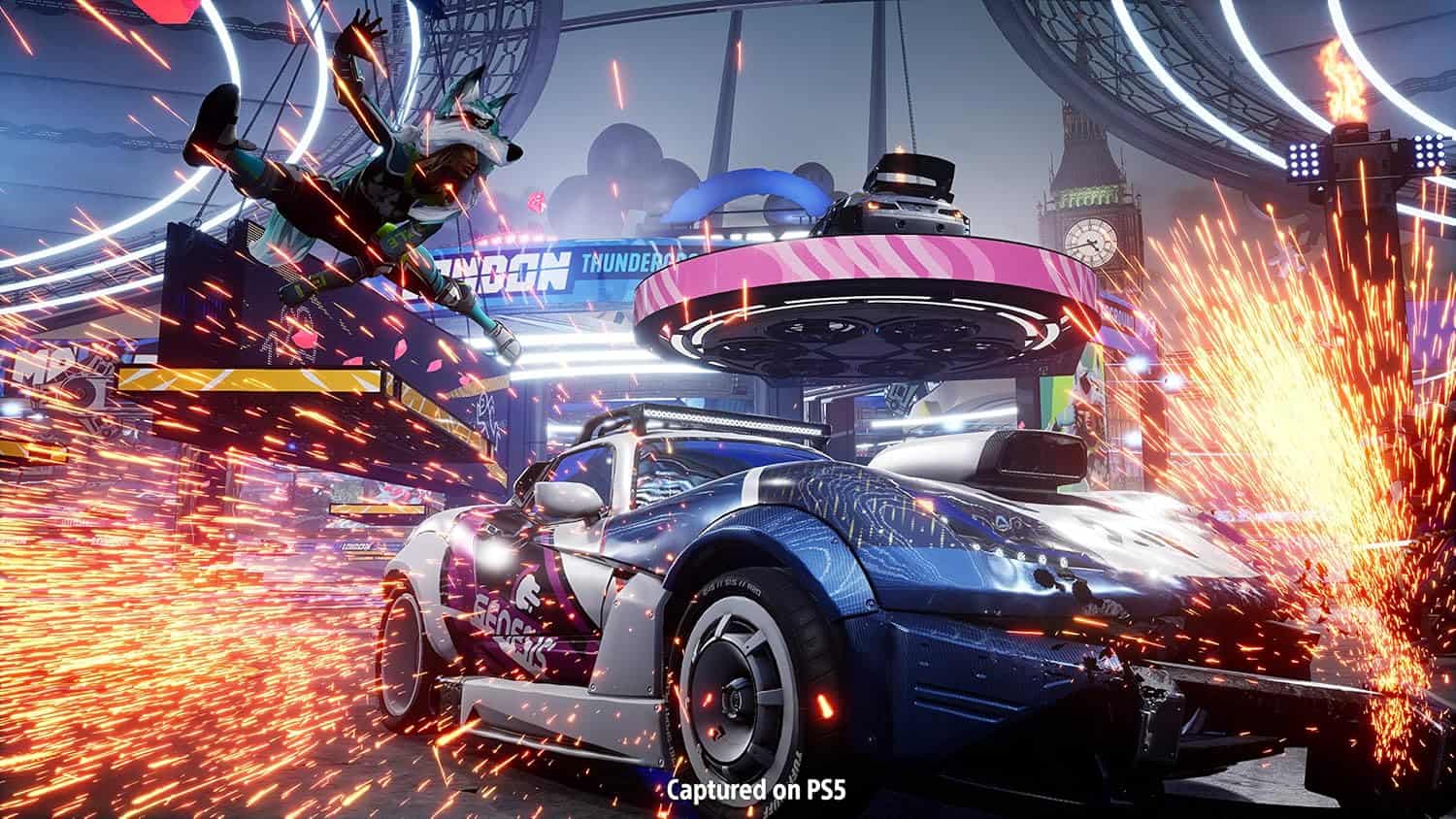 High-speed racing game on PS5 with dynamic action and sparks flying.
