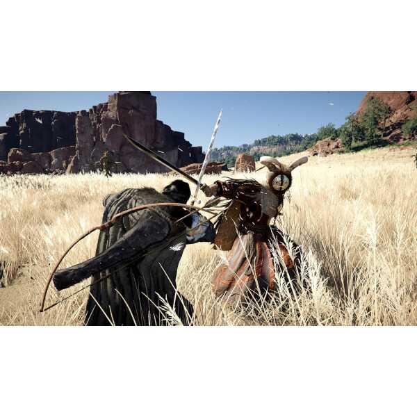 Warrior with bow and arrow in a grassy field, ready for battle.