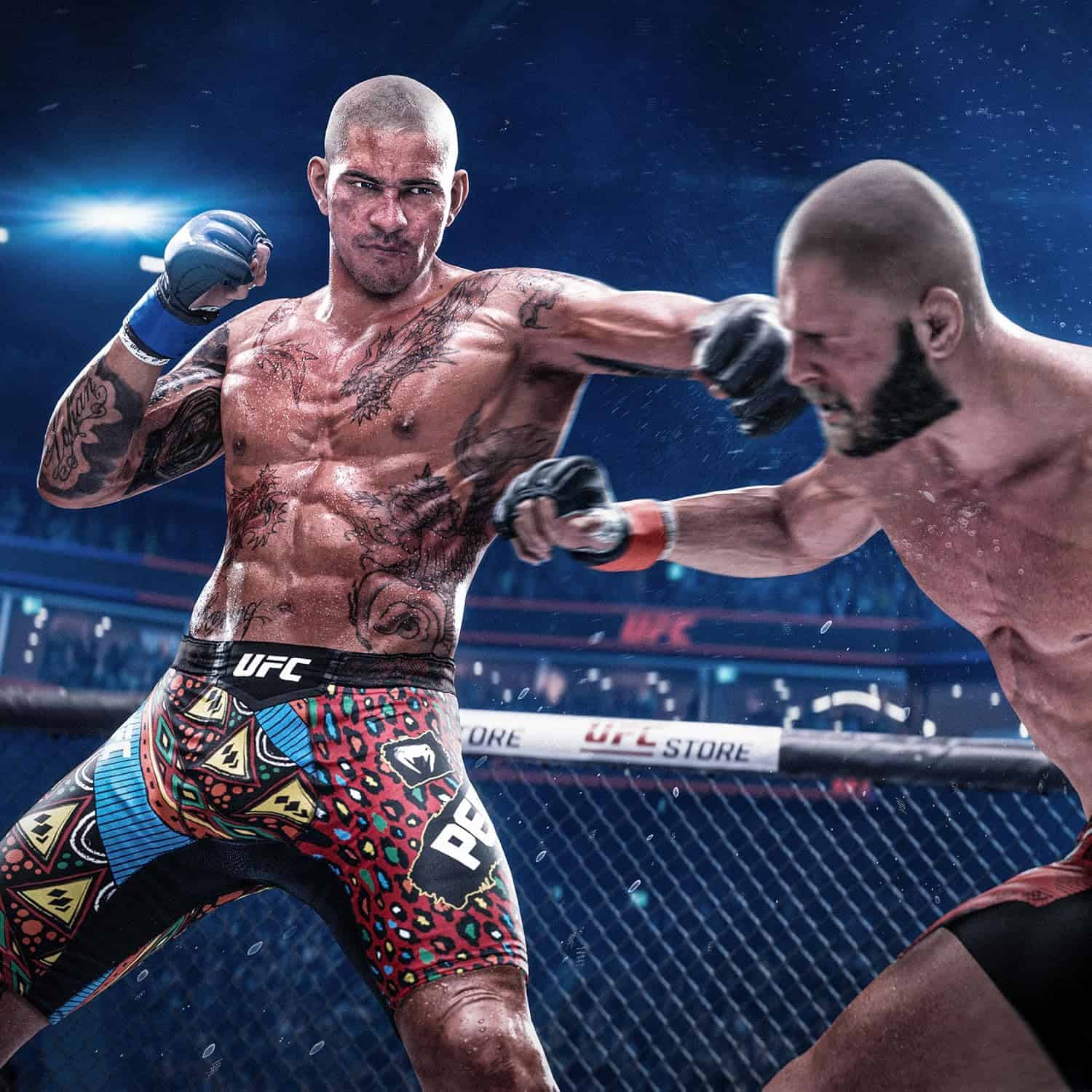 MMA fighters exchanging punches during a competitive match in the UFC octagon. Action-packed moment.