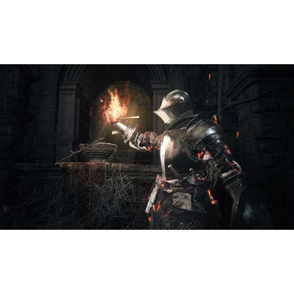 Fantasy knight in dark dungeon holding fireball, medieval armor, game-inspired scene.