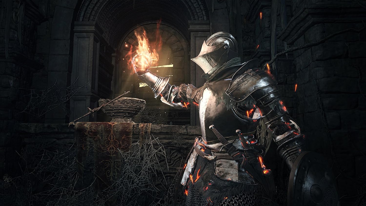 Fantasy knight in dark dungeon holding fireball, medieval armor, game-inspired scene.