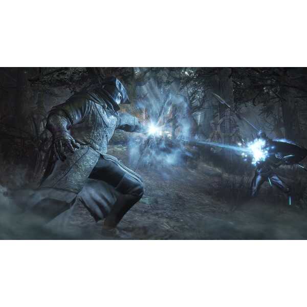 Fantasy warrior casting magic in dark forest with glowing weapon.