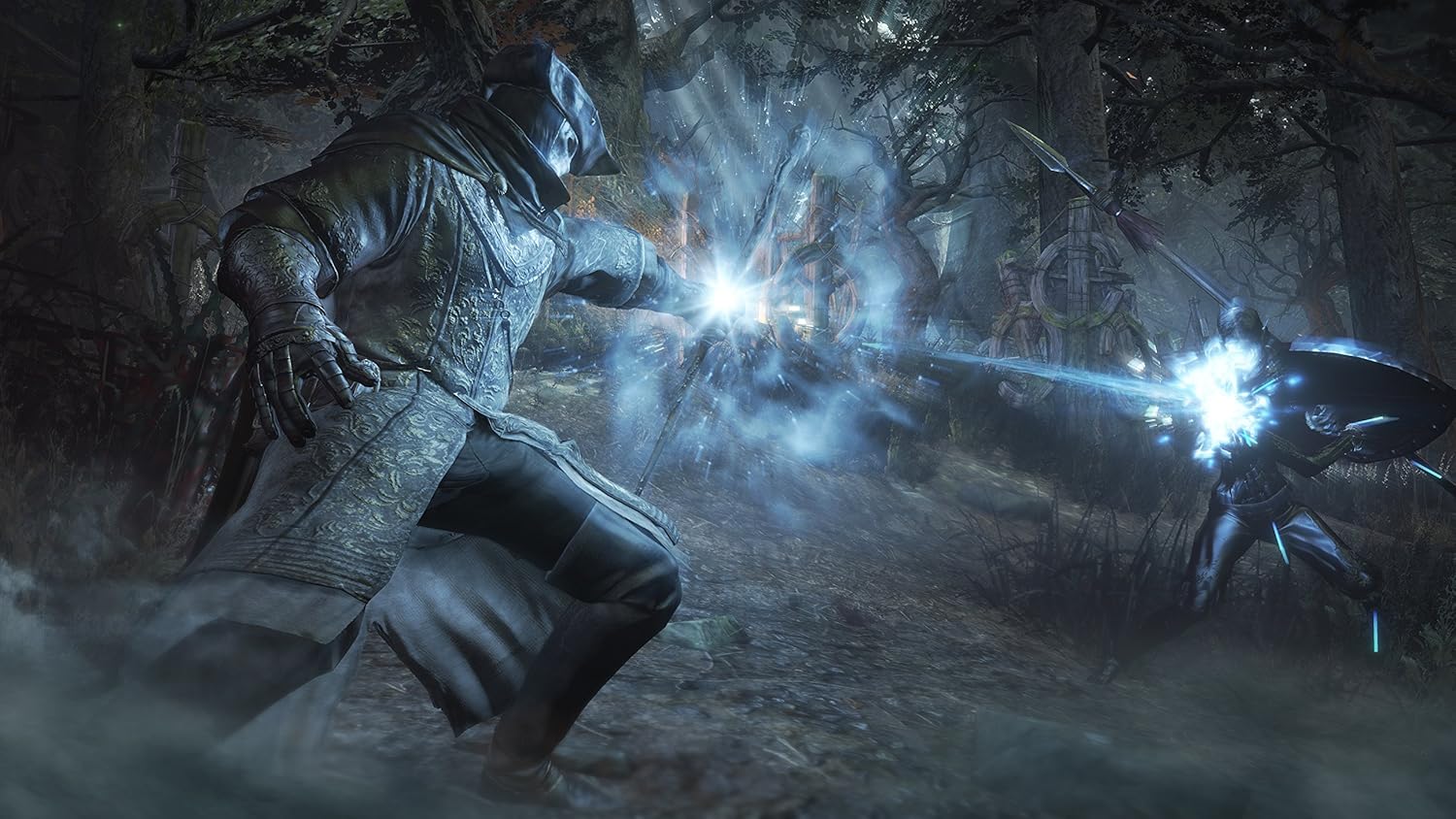 Fantasy warrior casting magic in dark forest with glowing weapon.