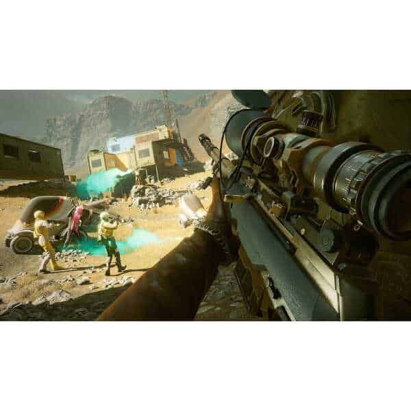 First-person sniper aiming at enemies in a rugged mountain battlefield.