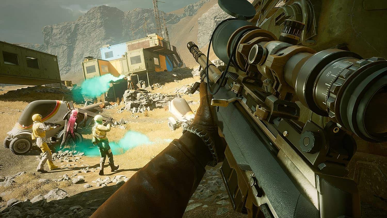 First-person sniper aiming at enemies in a rugged mountain battlefield.