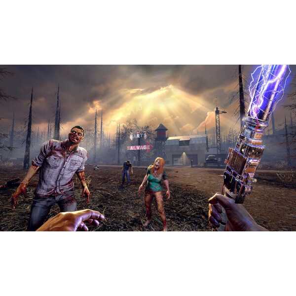 Post-apocalyptic zombie scene with survivors and lightning in the background.