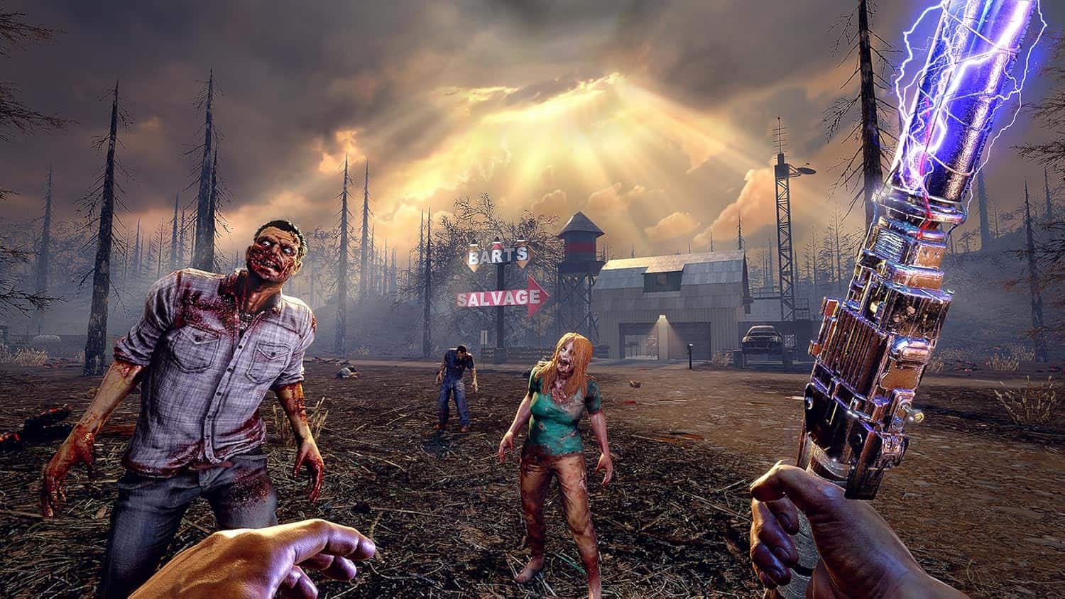 Post-apocalyptic zombie scene with survivors and lightning in the background.