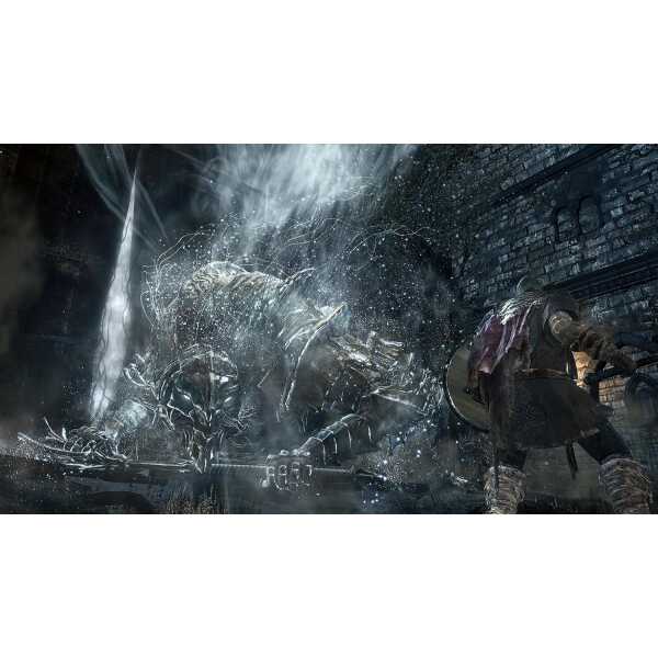 Dark fantasy warrior battling a giant mechanical creature in a gritty, atmospheric setting.