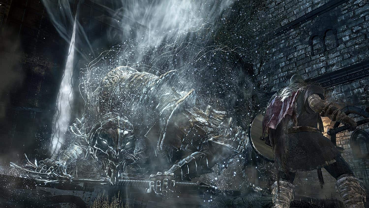 Dark fantasy warrior battling a giant mechanical creature in a gritty, atmospheric setting.