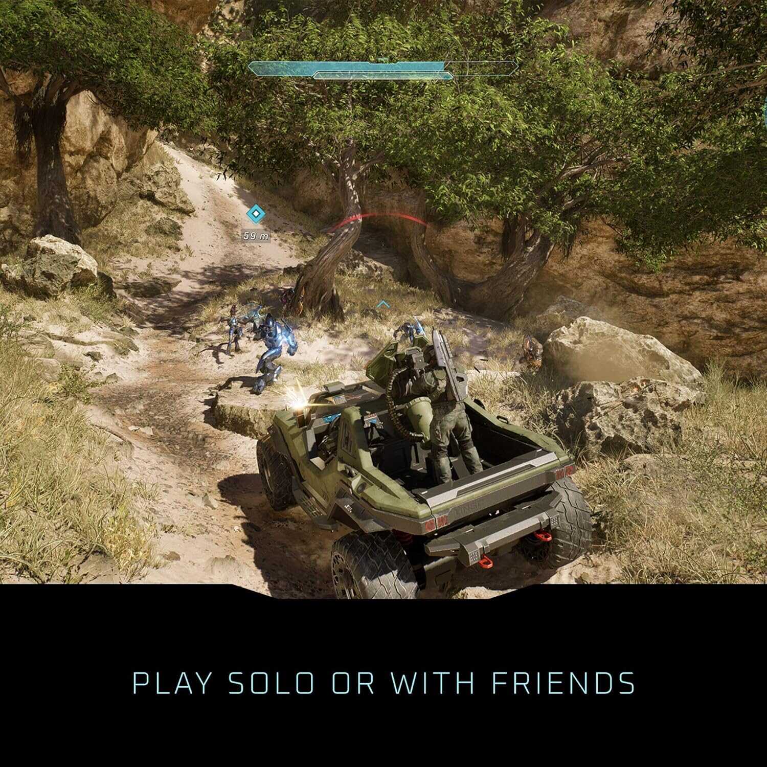 Gameplay scene from Halo: Campaign Evolved with vehicle and soldiers in rugged terrain.