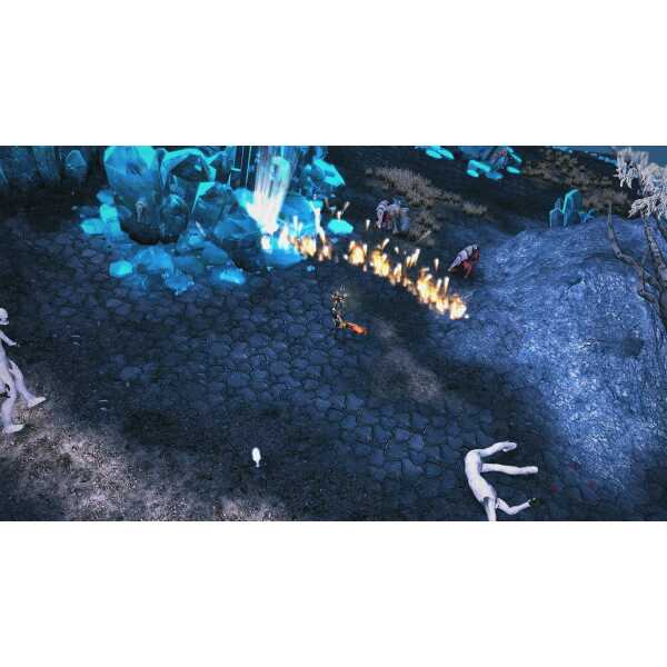 Fantasy game scene with characters fighting in icy landscape.