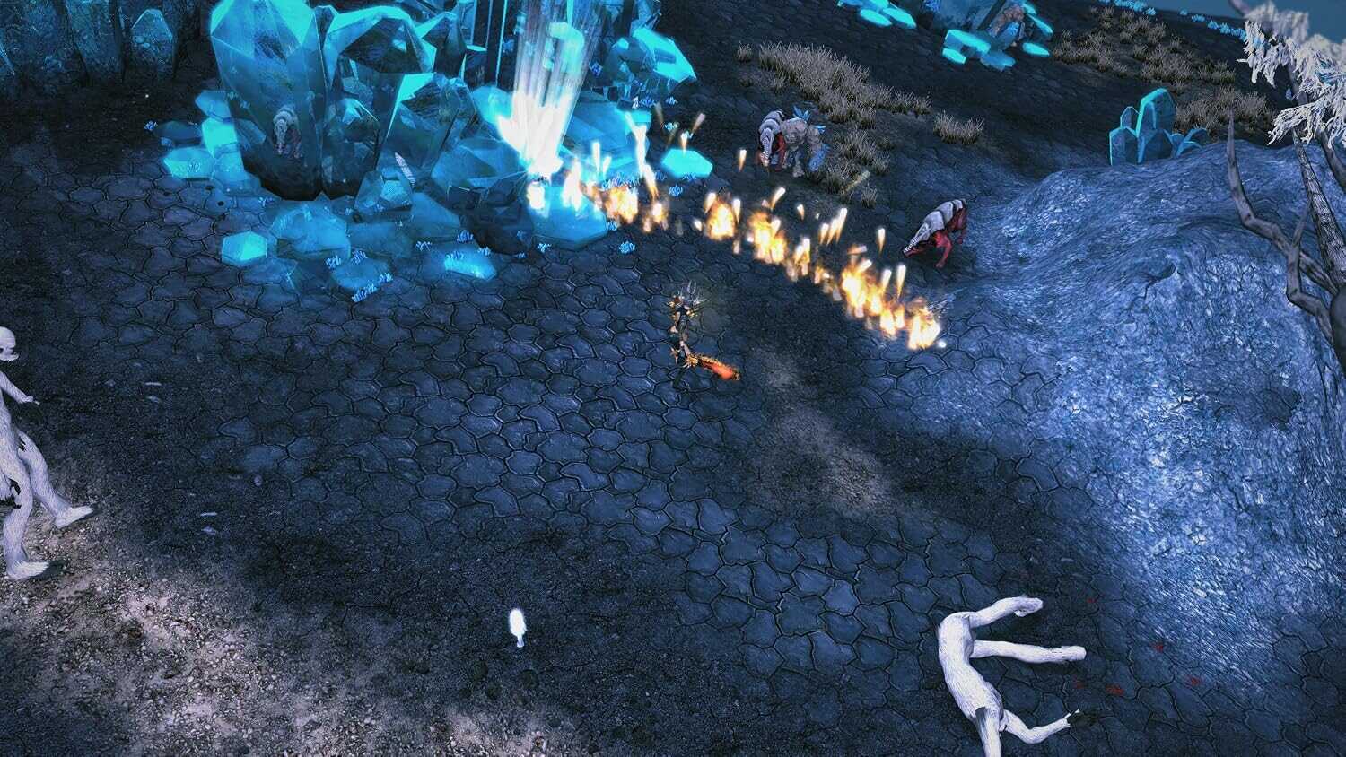 Fantasy game scene with characters fighting in icy landscape.